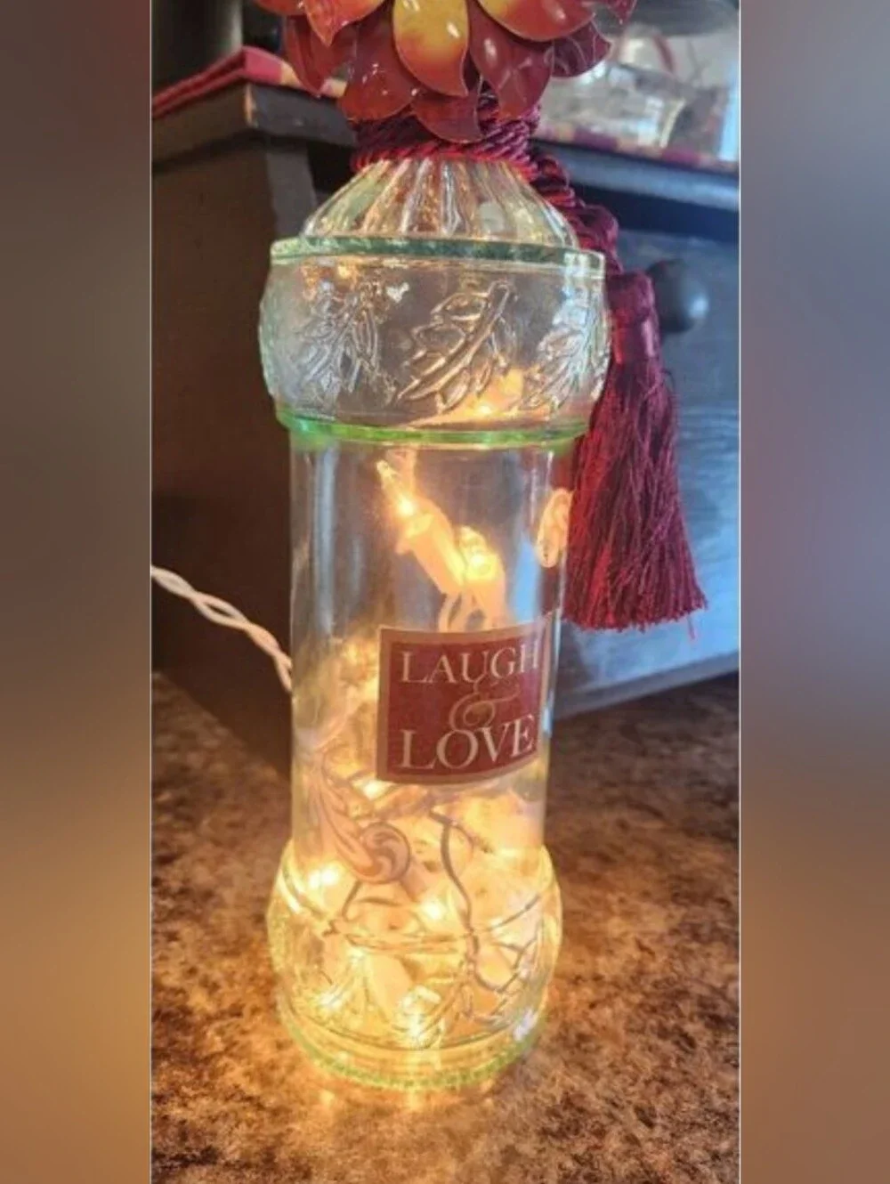 Laugh & Love Decorative Glass Light Jar - Clear w Burgundy Tassel & flower